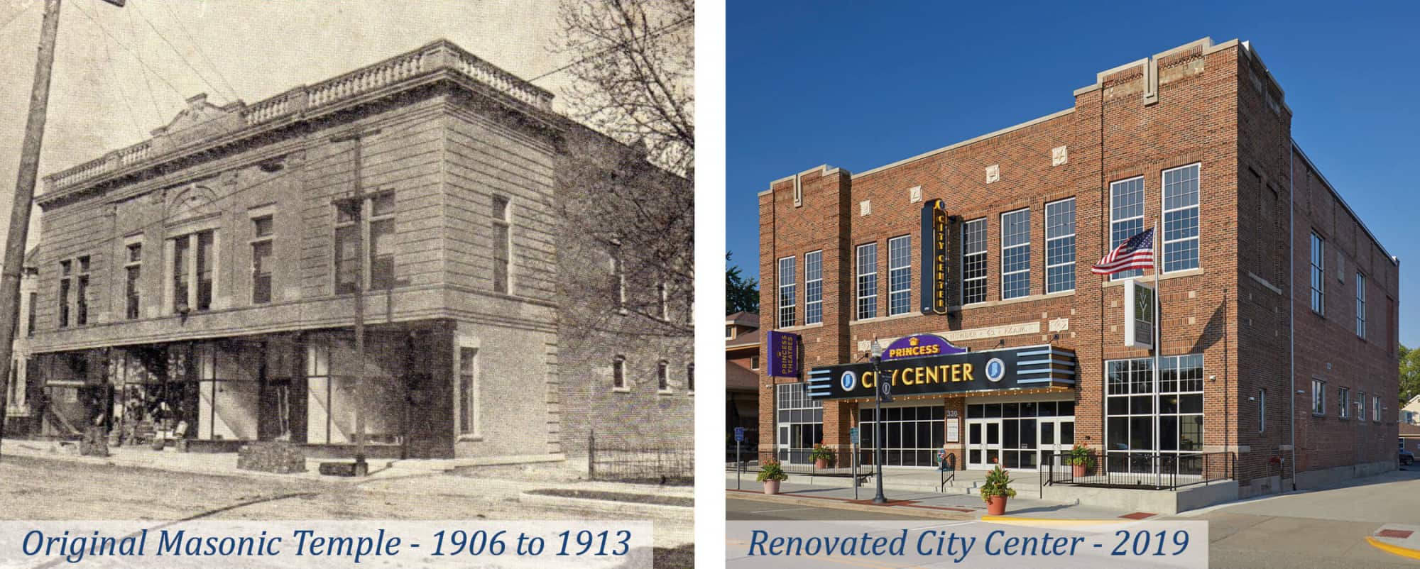 Historic Masonic Temple in Rushville Comparison to Remodeled Building in 2019