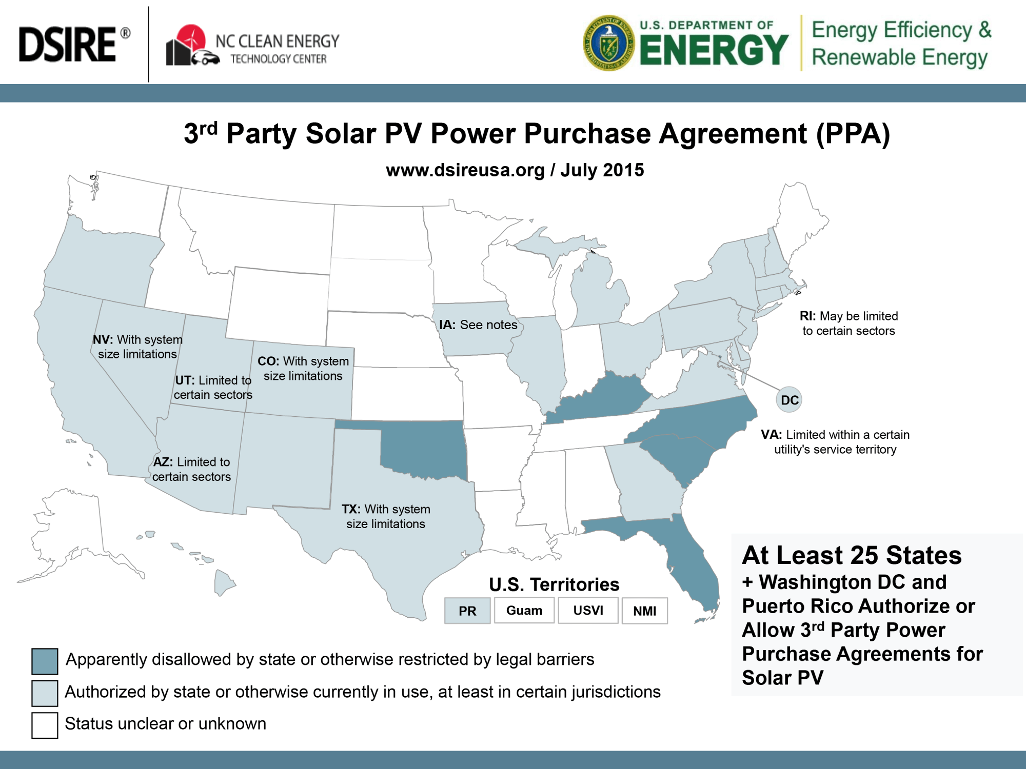 U.S. map detailing states with third party solar pv power purchase agreements