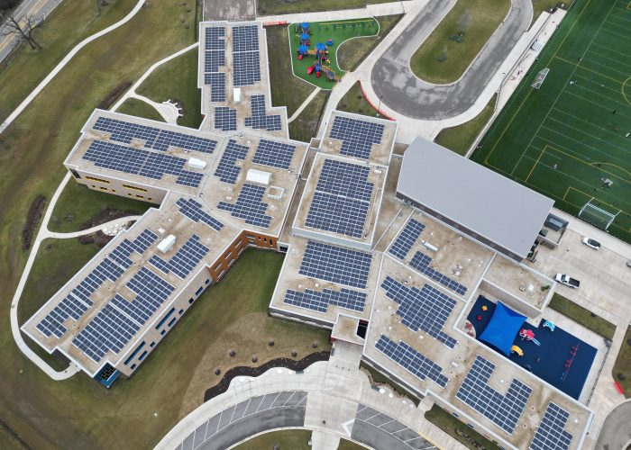 Aerial of Lake Zurich's roof-mounted solar arrays