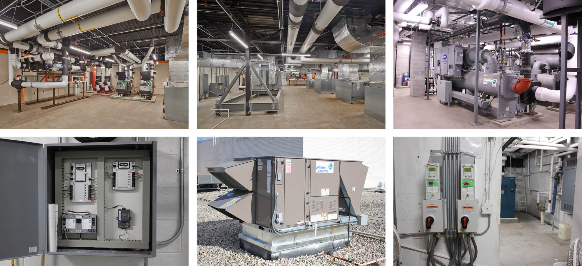 A six-picture collage of HVAC, controls, and boiler/chiller improvements at school districts that were implemented using guaranteed energy savings contracts. 