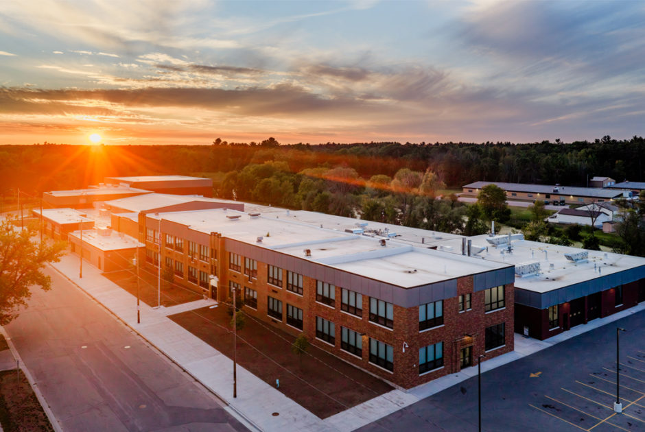 Aerial of Peshtigo School District Renovated Exterior at Dusk
