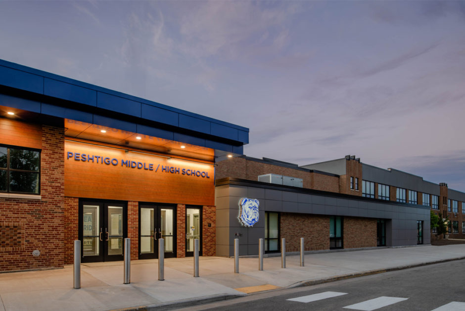 Peshtigo School District Renovated Exterior at Dusk