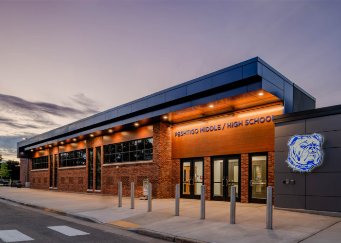 Peshtigo School District Renovated Exterior at Dusk