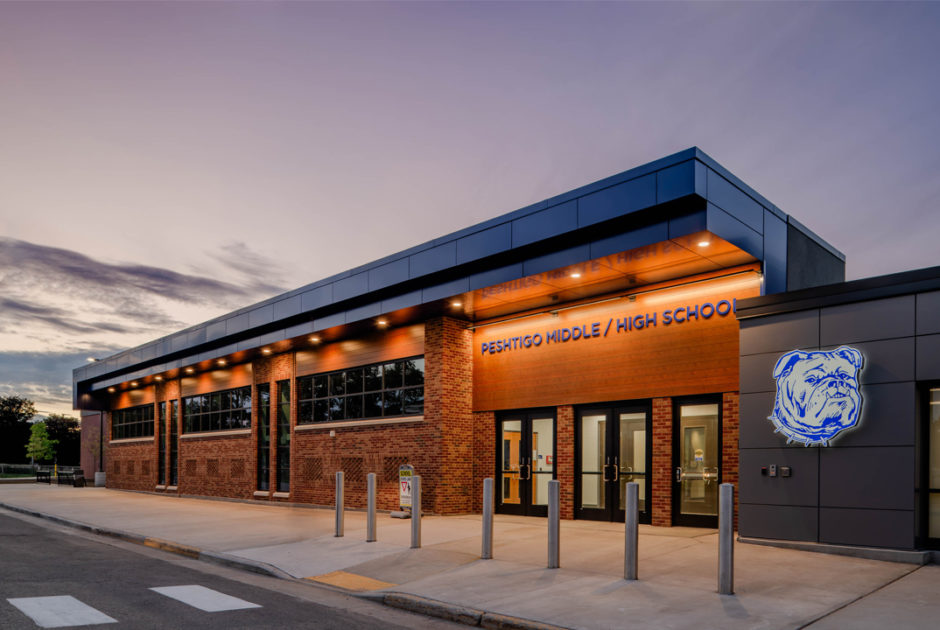 Peshtigo School District Renovated Exterior at Dusk