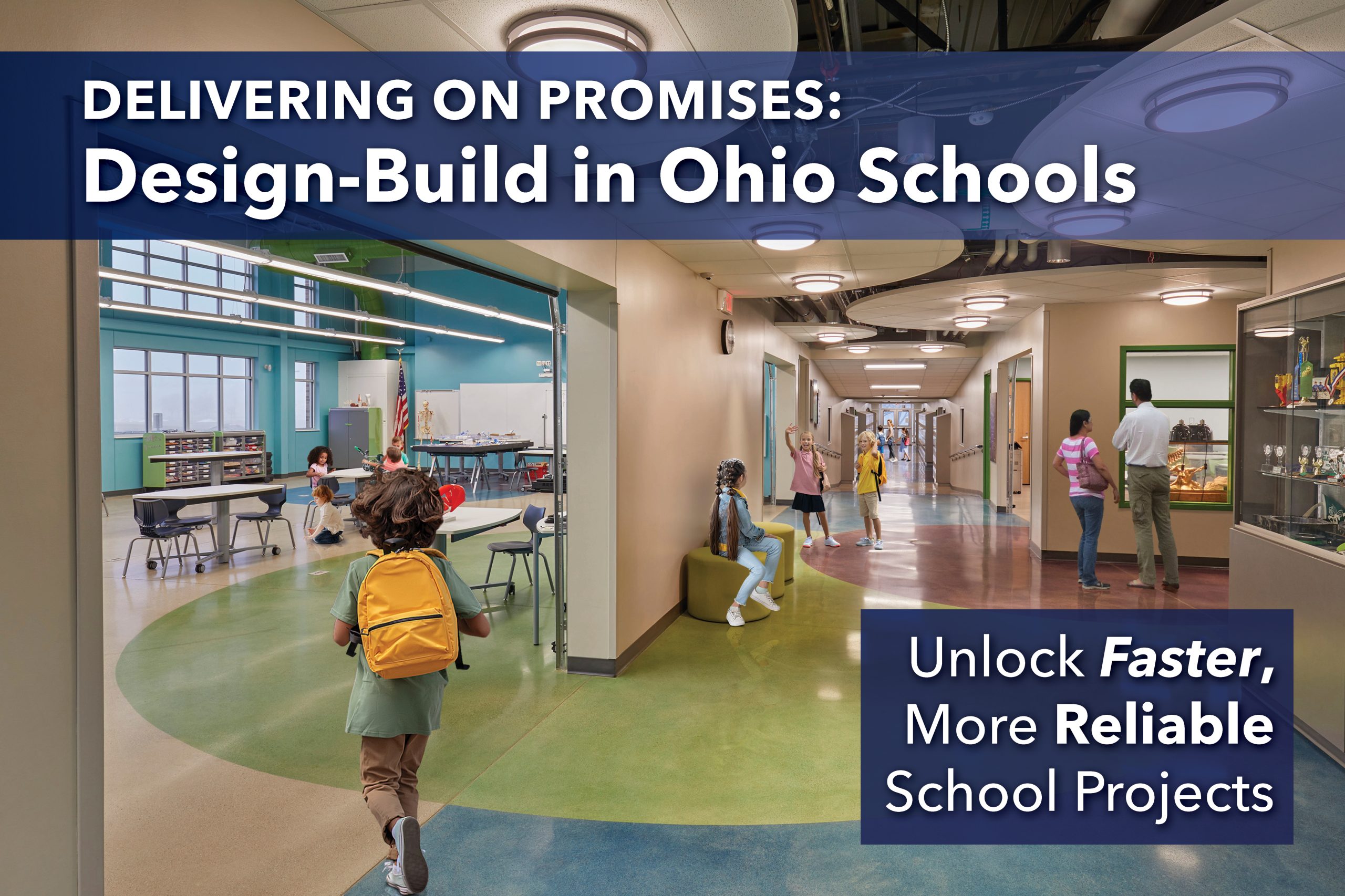 Call to action image of students in a school hallway that was renovated with design-build.