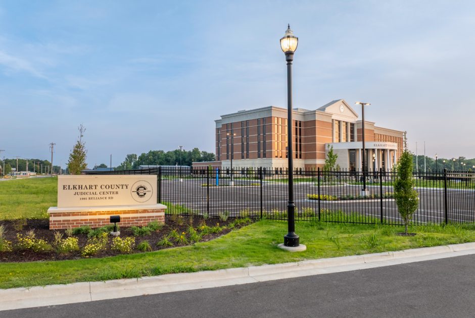 Elkhart County Courthouse Exterior with Entrance Sign
