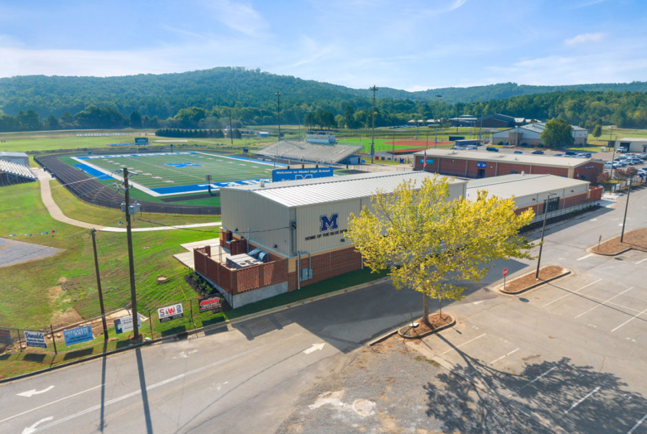 Floyd County Schools Model High School New Athletic Facility Exterior with Football Field