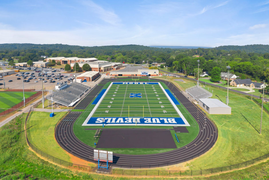 Floyd County Schools Model High School New Athletic Facility Exterior Aerial of Football Field