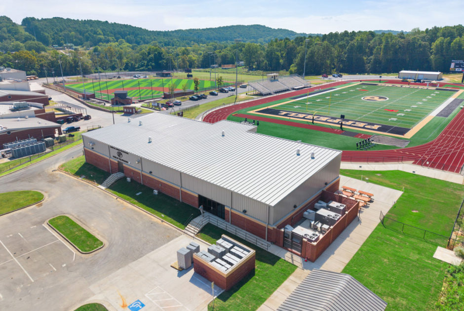 Floyd County Schools - Pepperell High School New Athletic Facility Aerial Exterior of Building and Football Field