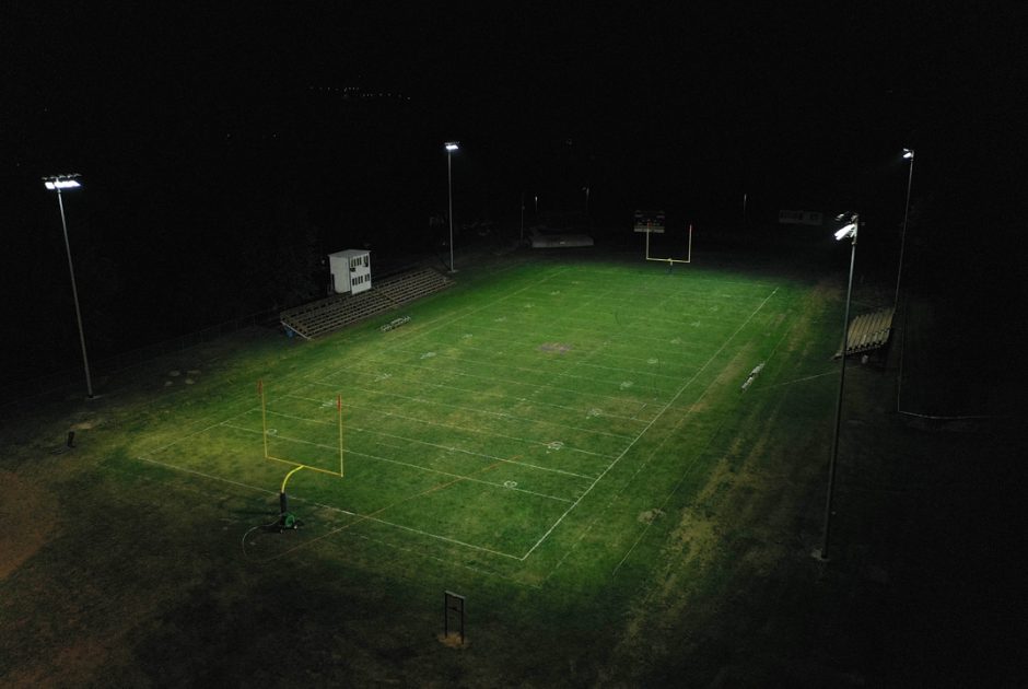 Slater School District Football Field at Night with new Lighting