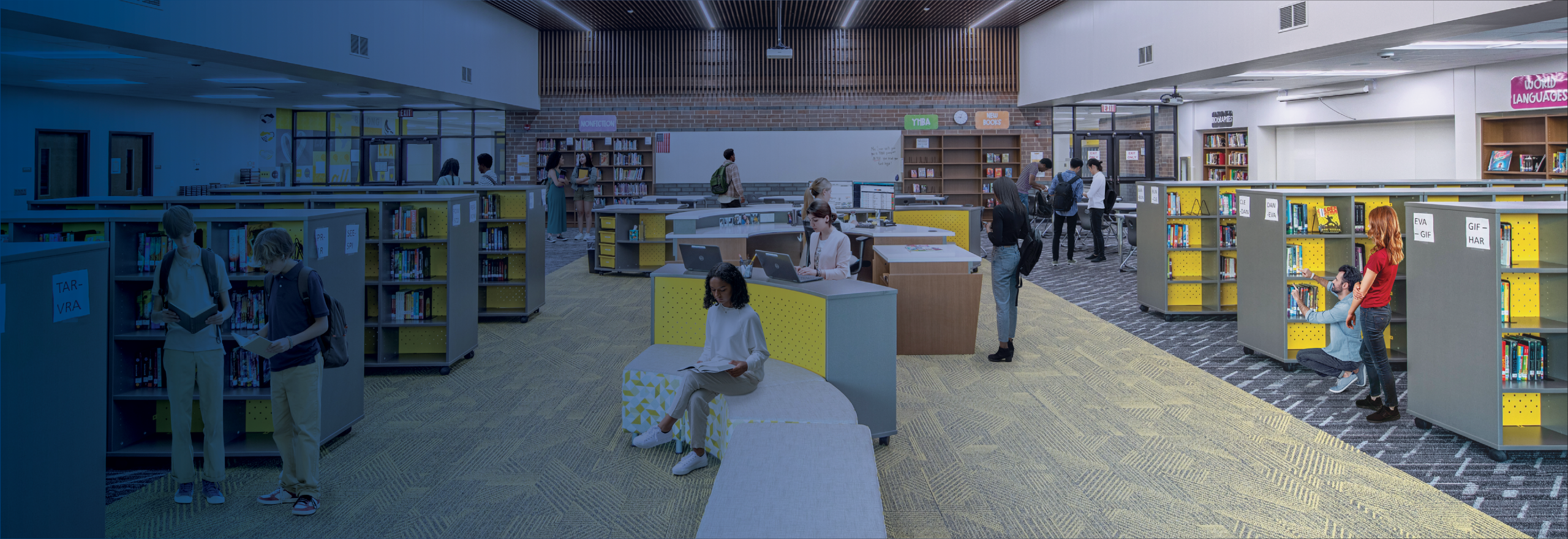 Avon Middle School new media center with students