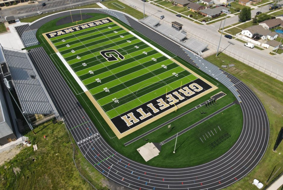 Aerial of Griffith Public School's new High School Football Field