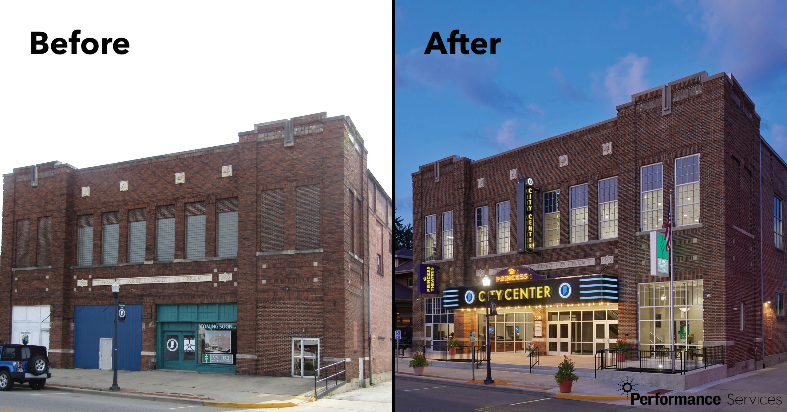 Before and after pictures of the City of Rushville city center building before and after it was repurposes. 